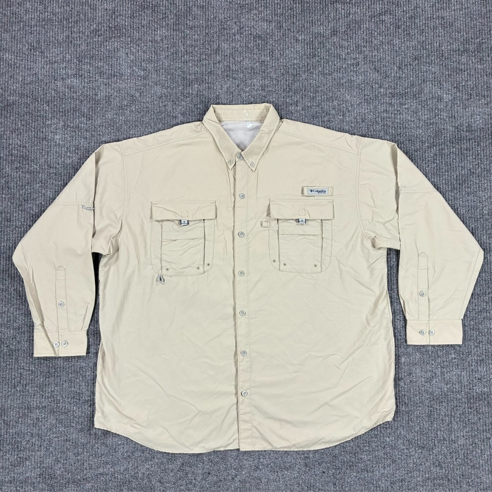 Columbia PFG Mens Button Down Shirt 56" Chest Beige Lined Vented Long Sleeve